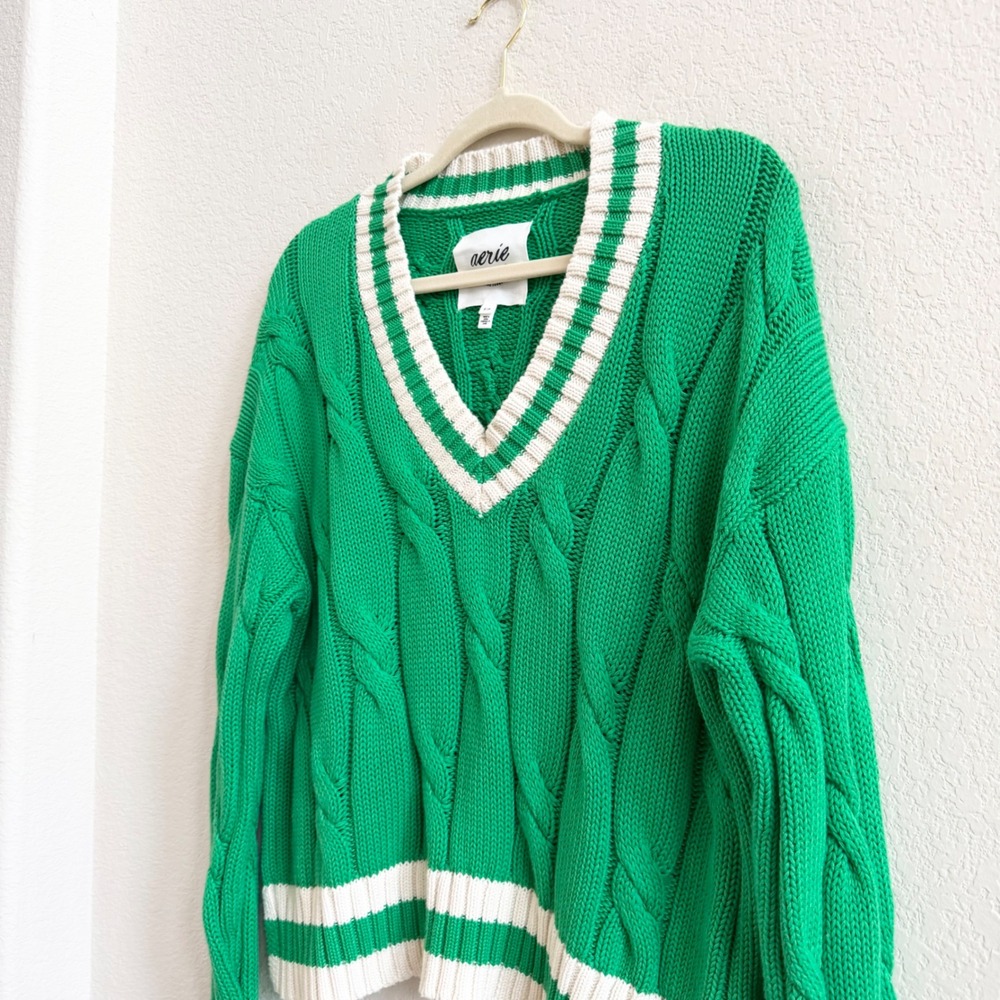 Aerie Kelly Green Cable Knit Varsity V-Neck Sweater Sz S Cotton Tennis Prep - Picture 4 of 11